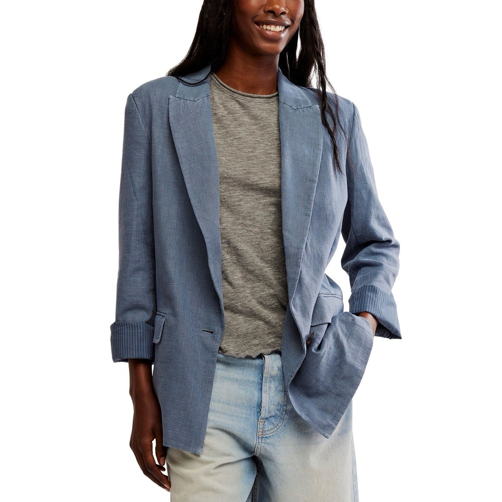 NEW Free People Prep School Blazer Size L Vintage Indigo Relaxed Linen Blend